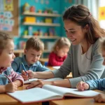 Enfants en classe guidés par une enseignante souriante