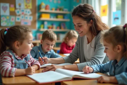 Enfants en classe guidés par une enseignante souriante