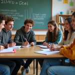 Groupe de lycéens français en discussion en classe