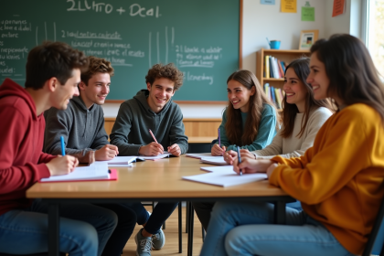 Groupe de lycéens français en discussion en classe