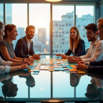 Groupe de professionnels collaborant autour d'une table moderne blockchain