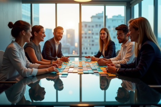 Groupe de professionnels collaborant autour d'une table moderne blockchain