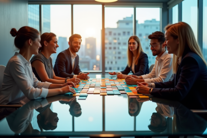 Groupe de professionnels collaborant autour d'une table moderne blockchain