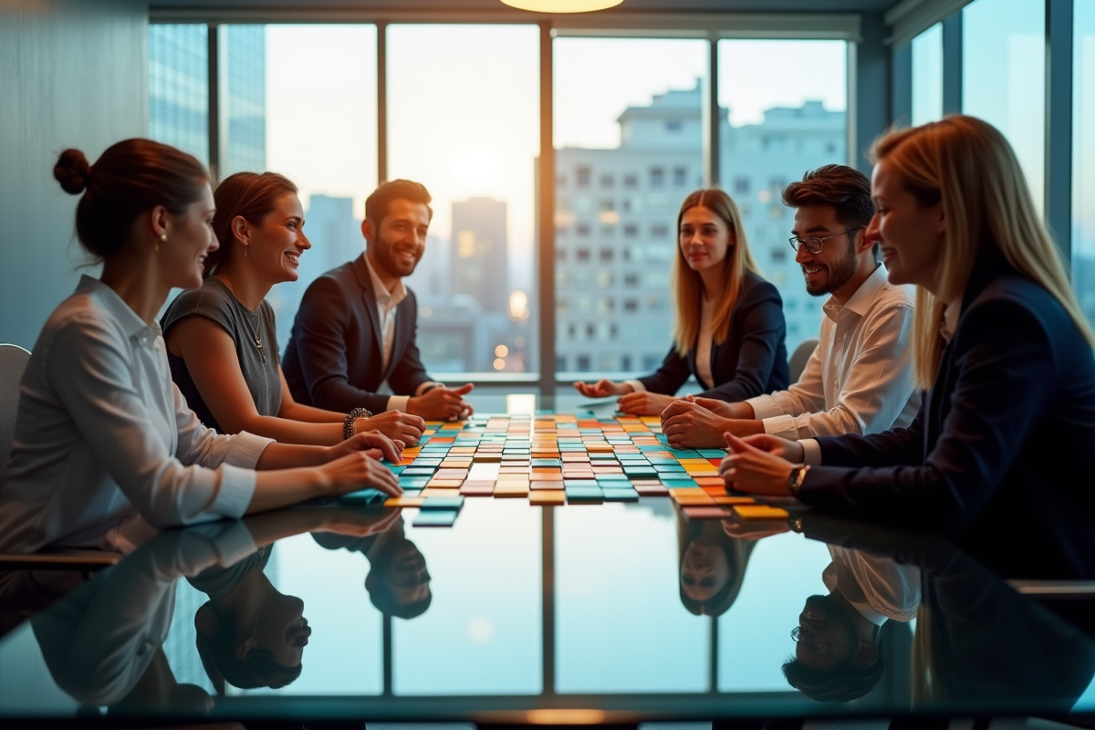 Groupe de professionnels collaborant autour d'une table moderne blockchain