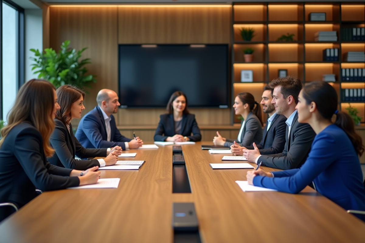 Groupe de professionnels en réunion dans un bureau moderne