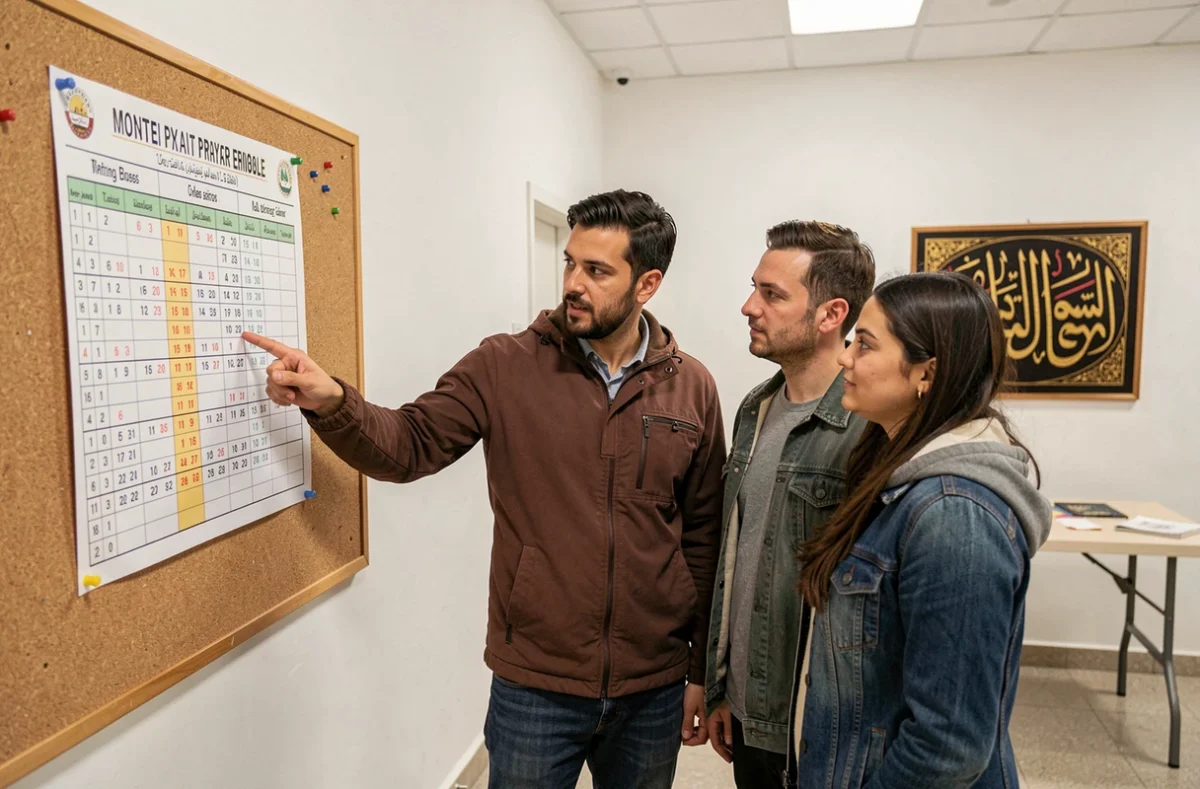 Groupe de fidèles consultant un tableau des horaires de prière dans un centre communautaire à Grenoble