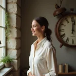 Femme regardant une horloge affichant 12h12 dans un appartement parisien, symbole des heures miroirs et de la loi de l'attraction