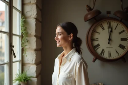 Femme regardant une horloge affichant 12h12 dans un appartement parisien, symbole des heures miroirs et de la loi de l'attraction