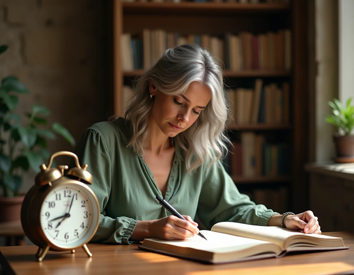 Femme écrivant dans un journal à 12h12 avec une horloge vintage, représentant la prise de conscience des signes de l'univers et des heures miroirs
