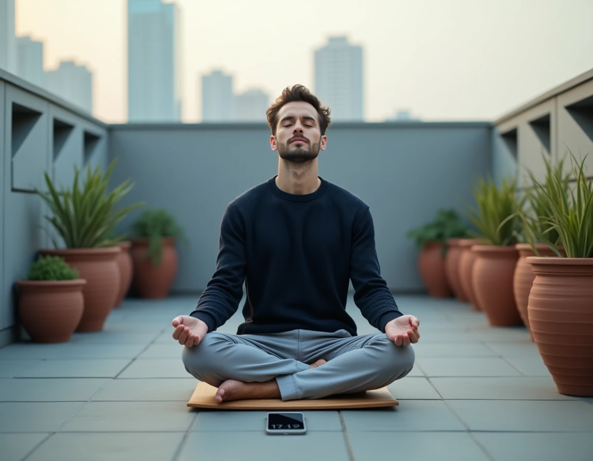 Homme en méditation sur un balcon urbain avec un téléphone affichant 12h12, illustrant la synchronicité et la loi de l'attraction