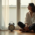 Femme méditant devant une horloge affichant 21h21 dans un appartement minimaliste au crépuscule