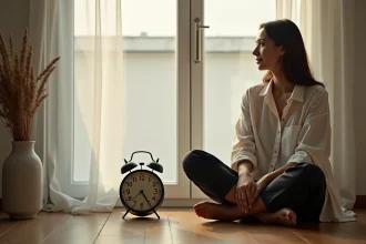 Femme méditant devant une horloge affichant 21h21 dans un appartement minimaliste au crépuscule