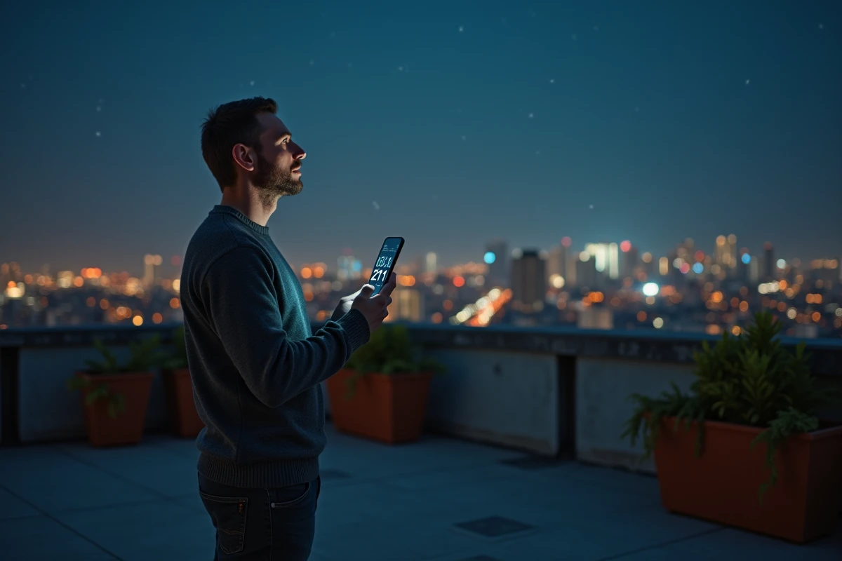 Homme sur un toit urbain tenant un téléphone affichant 21h21 sous un ciel étoilé