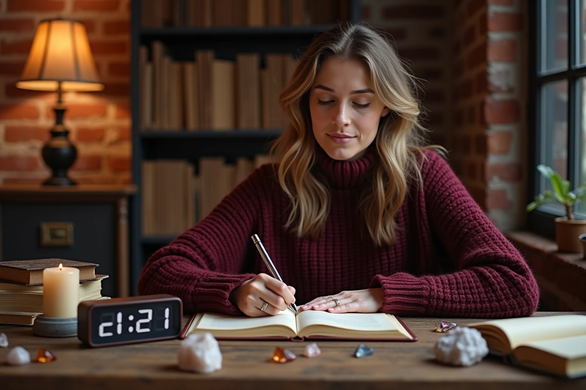 Jeune femme écrivant dans un journal spirituel avec une horloge indiquant 21h21 sur un bureau en bois