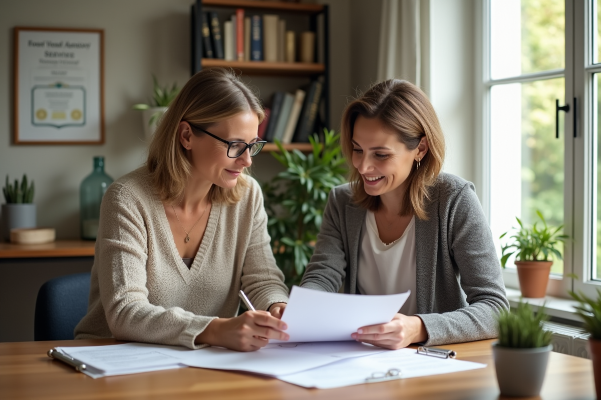 Femme propriétaire examinant documents de valuation