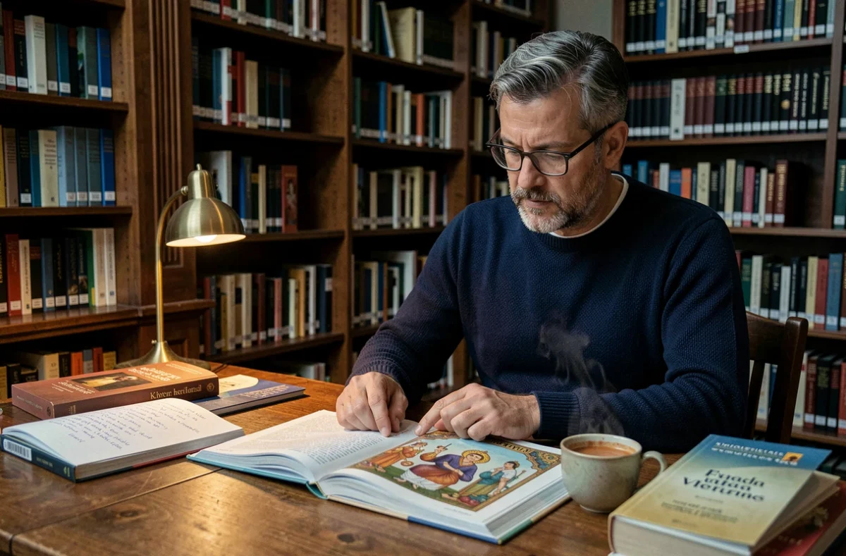 Homme adulte découvrant les textes sacrés hindous dans une bibliothèque