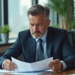 Homme d'affaires concentré lisant des documents financiers