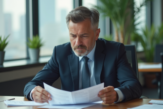 Homme d'affaires concentré lisant des documents financiers