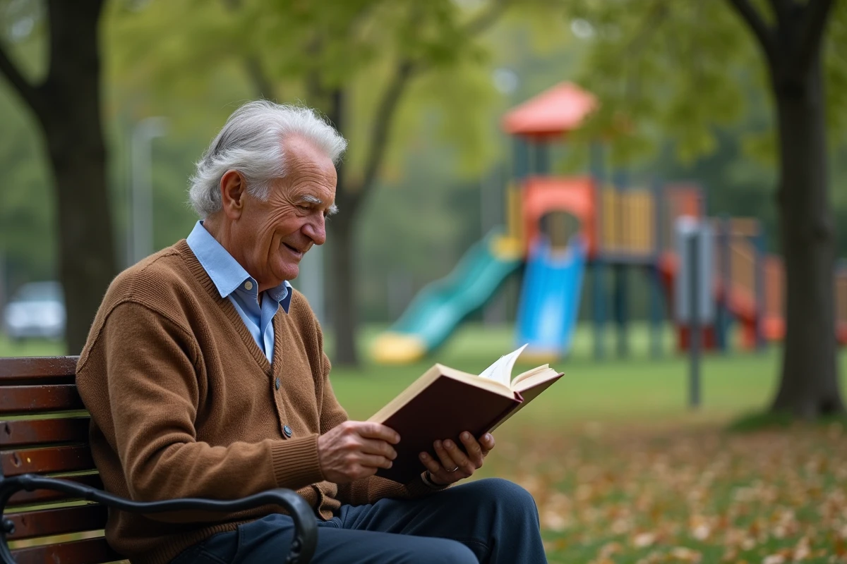 Homme âgé lisant un livre sur Disney dans un parc
