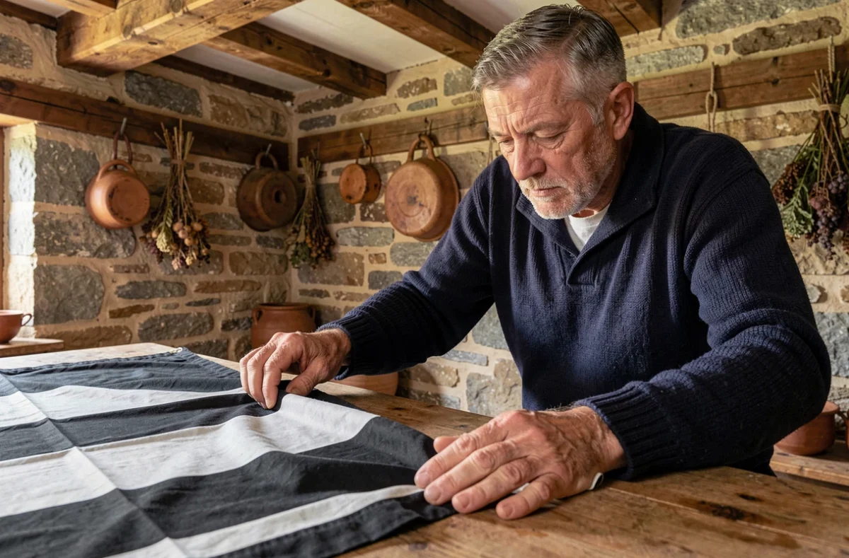 Homme breton d'âge mûr dépliant un drapeau breton Gwenn-ha-Du sur une table en bois dans une ferme en pierre traditionnelle de Bretagne intérieure