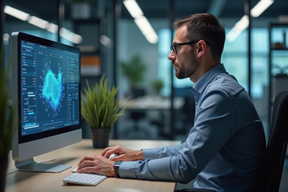 Homme de bureau en tenue casual surveillant un logiciel d'automatisation