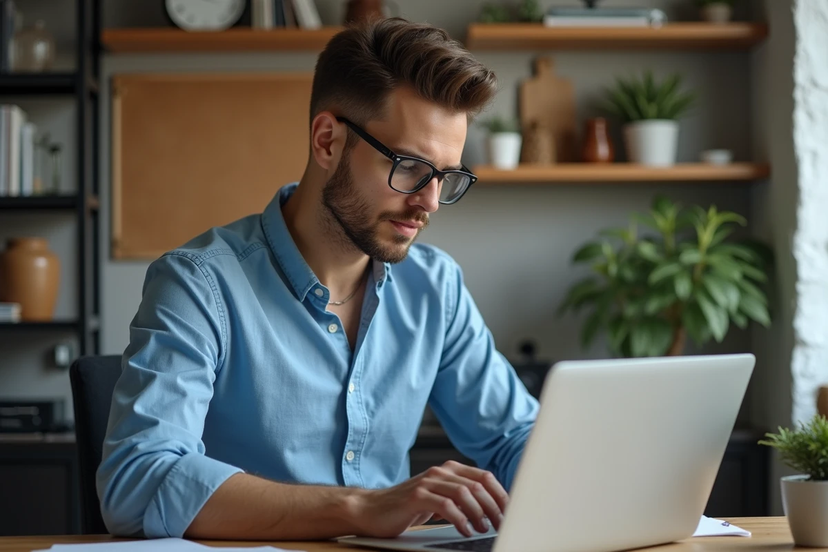 Homme concentré travaillant sur son ordinateur dans un bureau cosy