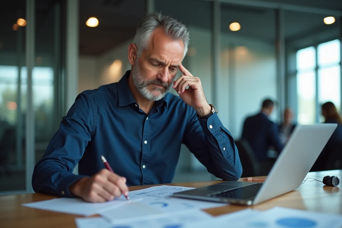Homme en bureau convertissant des minutes en heures sur un tableau de calcul affiché sur ordinateur portable