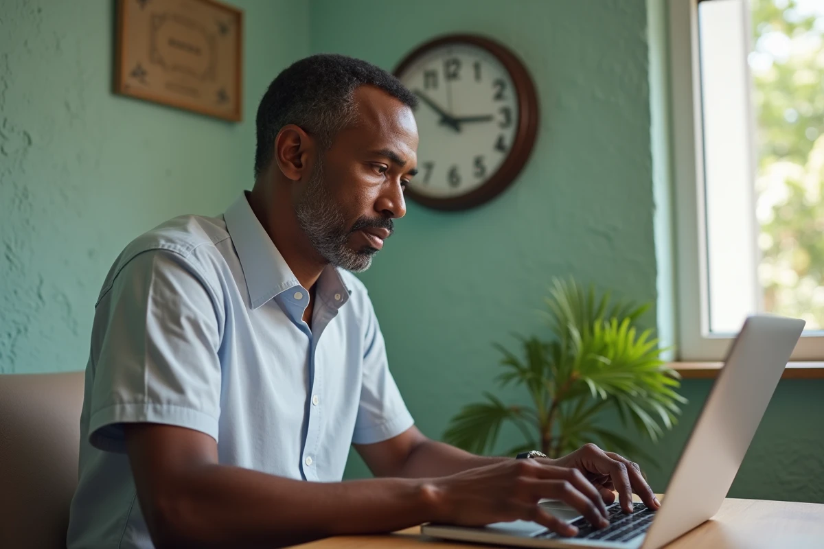 Homme caribbean au travail à domicile lors d'un appel vidéo