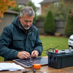 Homme en veste connectant panneau solaire à une batterie