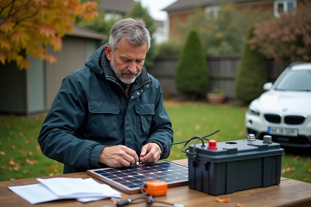 Homme en veste connectant panneau solaire à une batterie