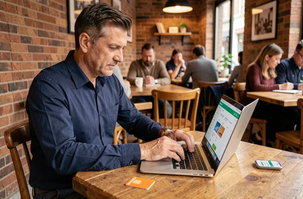 Homme consultant les prix des offres SIM et eSIM Orange sur son ordinateur portable dans un café