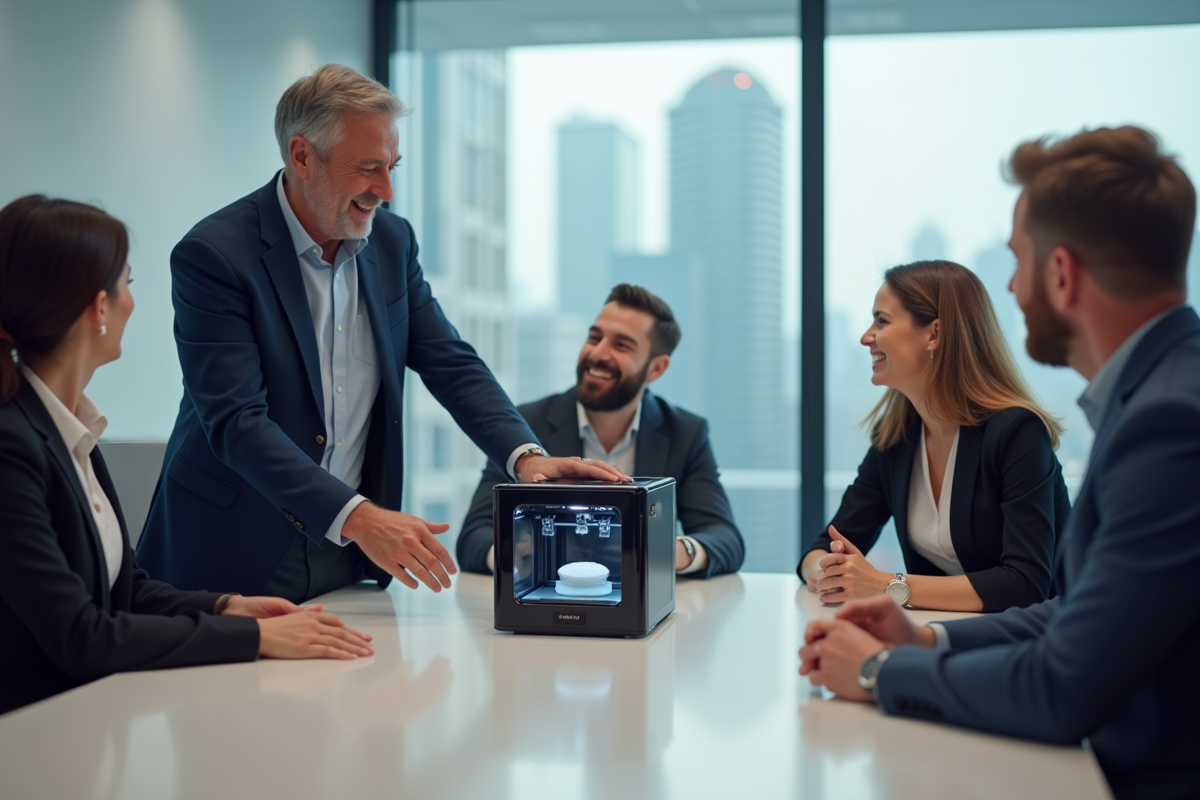 Homme montrant une imprimante 3d à ses collègues en réunion