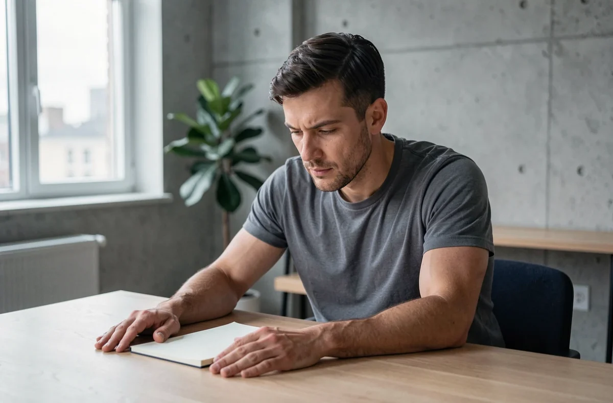Homme assis à un bureau en bois dans un appartement minimaliste, concentré et déterminé, illustrant la décision de dépasser ses peurs pour agir