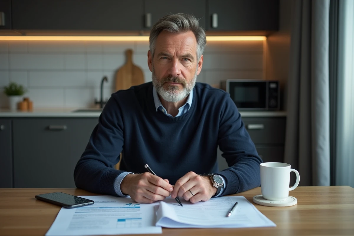 Homme examinant les documents de son assurance mobile Chubb SFR avec un téléphone endommagé sur une table
