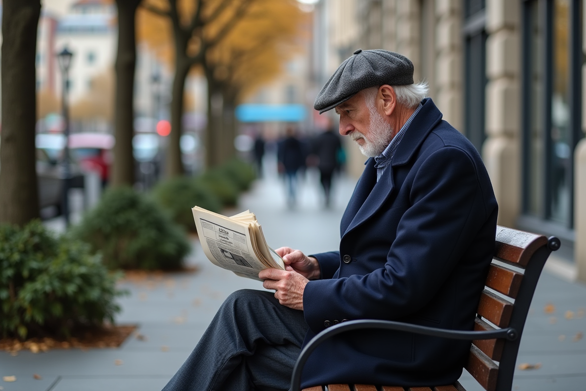 Homme âgé lisant un journal dans une place urbaine