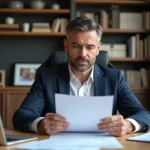 Homme entrepreneur en bureau moderne examine documents assurance