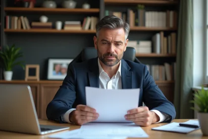 Homme entrepreneur en bureau moderne examine documents assurance