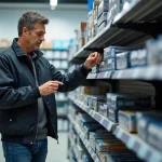 Homme examinant des balais d'essuie-glace modernes en magasin