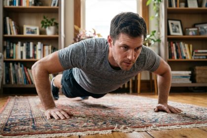 Homme en train de faire des pompes dans un salon cosy
