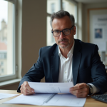 Homme français en costume bleu étudiant des documents fiscaux