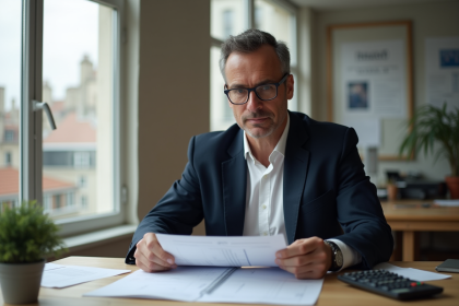Homme français en costume bleu étudiant des documents fiscaux