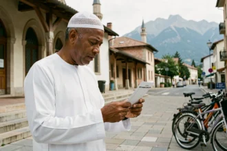 Homme consultant un horaire de prière devant une mosquée à Grenoble avec les montagnes en arrière-plan