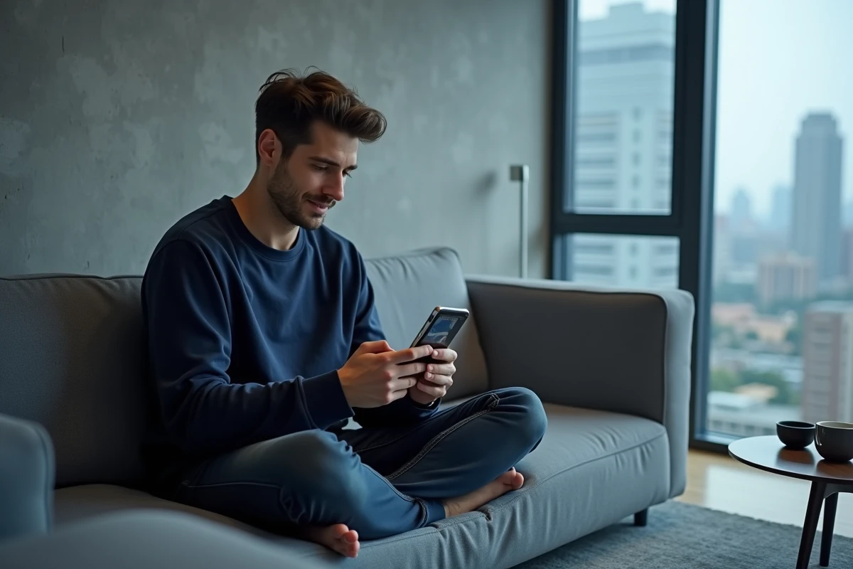 Homme lisant un webtoon sur smartphone dans un appartement moderne, illustration du fonctionnement de Manytoon pour les nouveaux utilisateurs