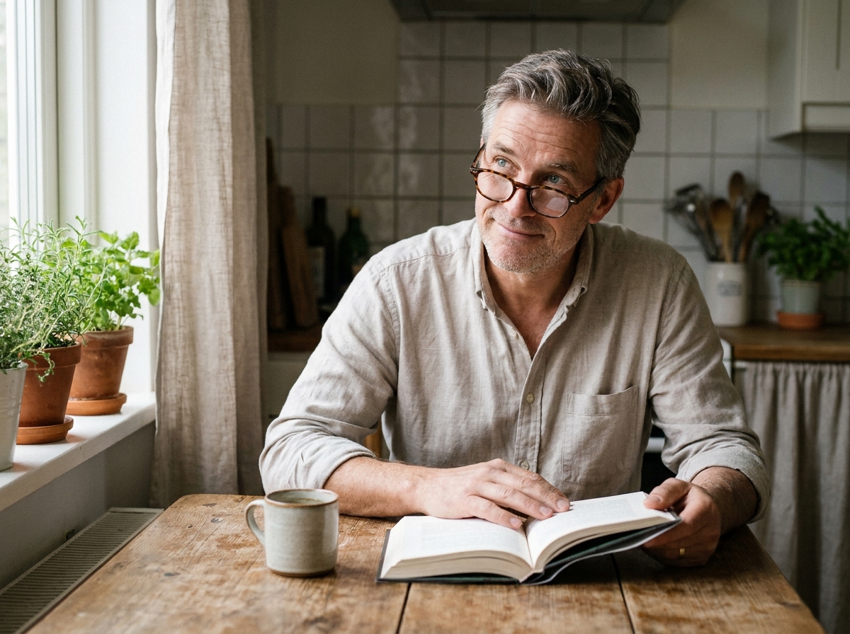 Homme quinquagénaire portant des lunettes de lecture pour lire un livre à la maison