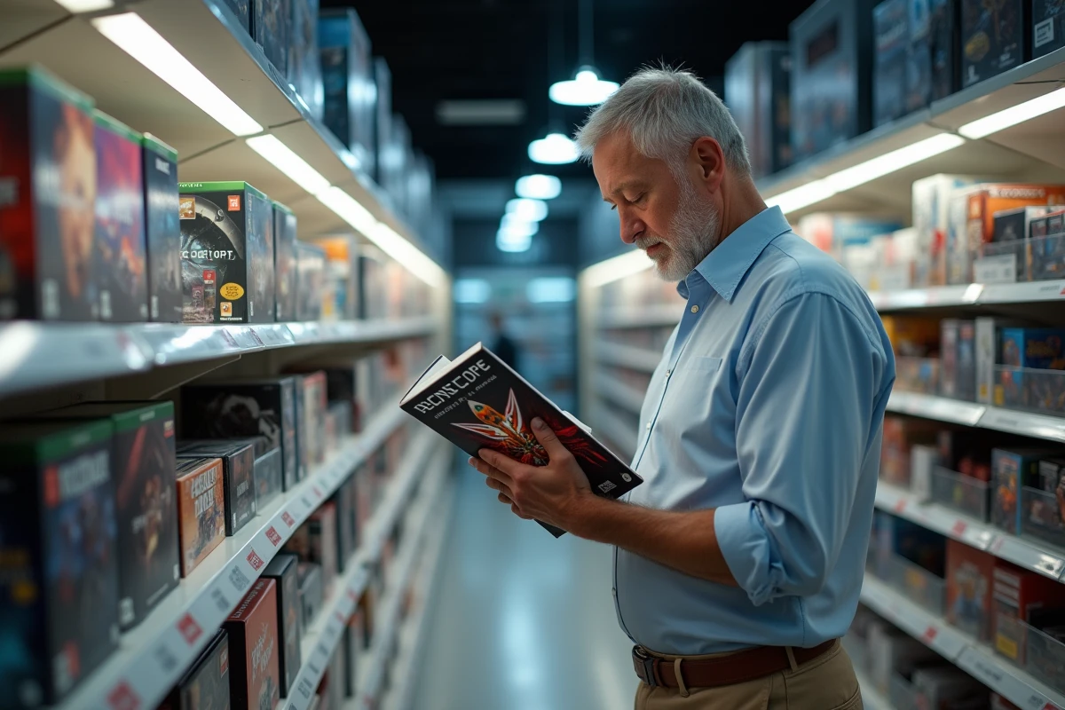 Homme examine des jeux de stratégie scifi en magasin