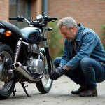 Homme vérifiant la tension de la chaîne de sa moto en extérieur