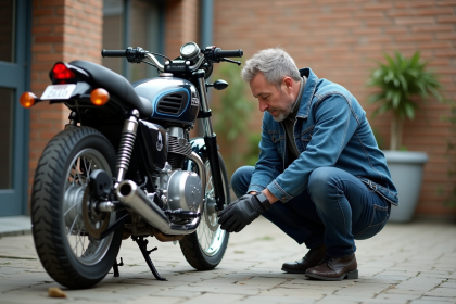 Homme vérifiant la tension de la chaîne de sa moto en extérieur