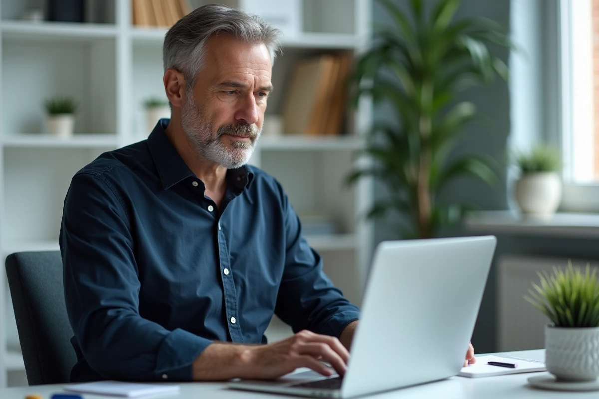 Homme recherchant les coordonnées gratuites du service client Darty sur son ordinateur portable