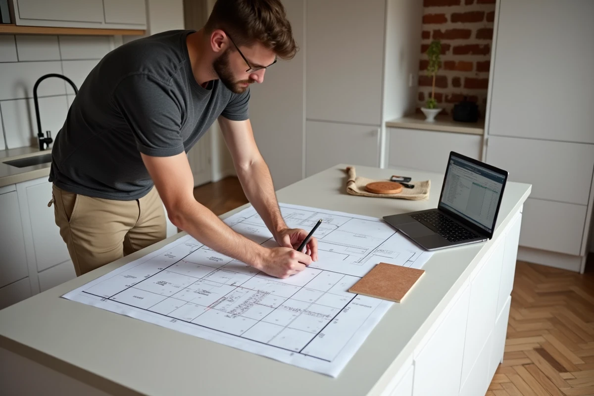 Homme consultant un plan de sol et un tableau de conversion de m² en cm² pour calculer une surface de carrelage dans un appartement moderne
