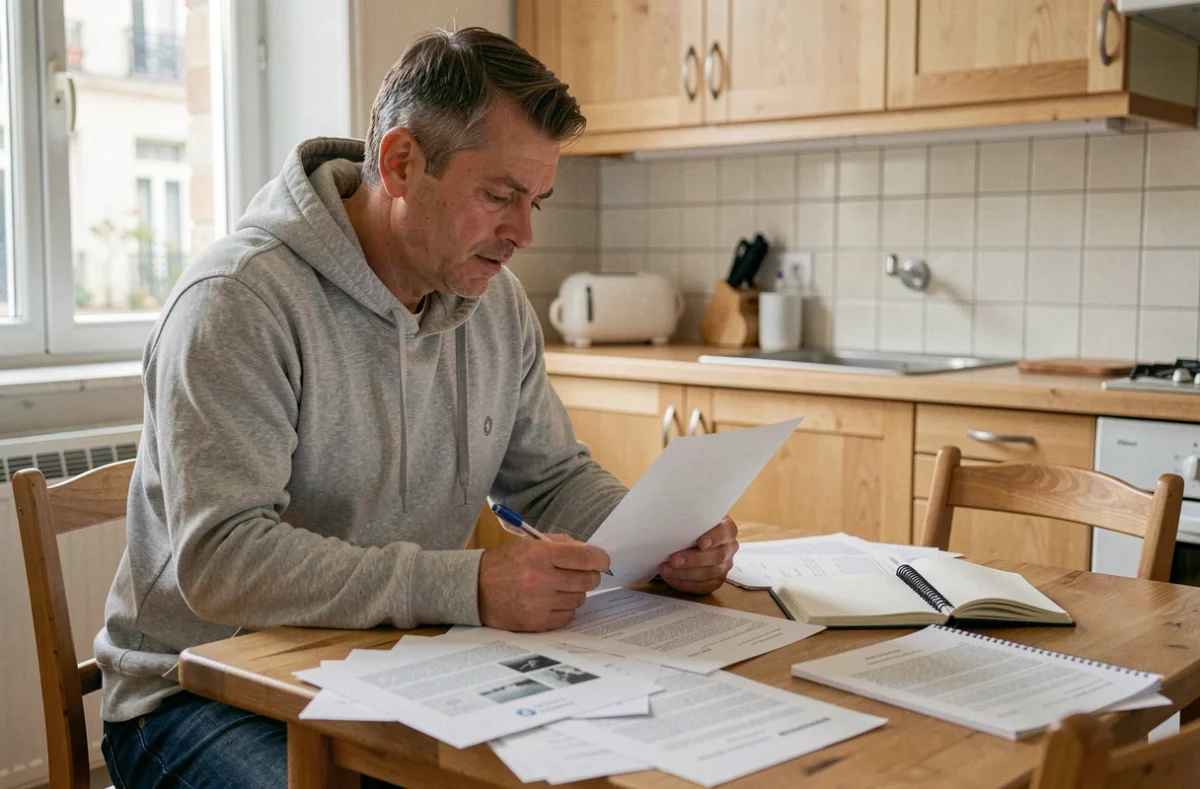 Homme consultant des documents administratifs pour contester l'annulation d'un rendez-vous de parloir
